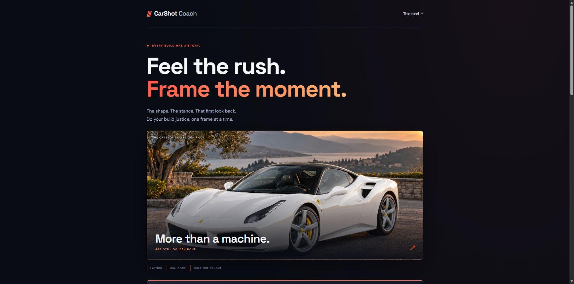 CarShot Coach interface with photography inspiration and a white Ferrari